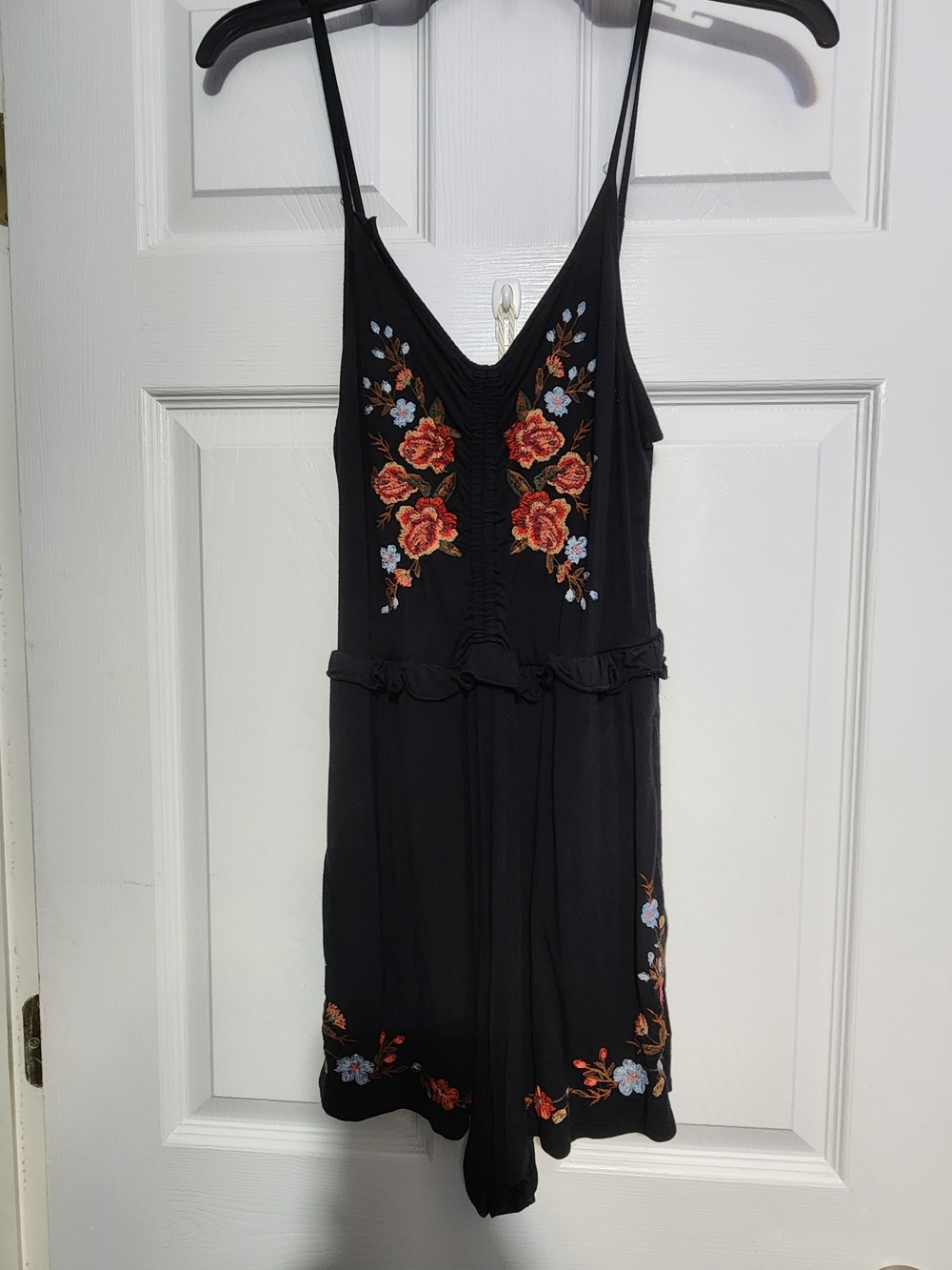 American Eagle Outfitters Black Romper with Red and Light Blue Floral Embroidery